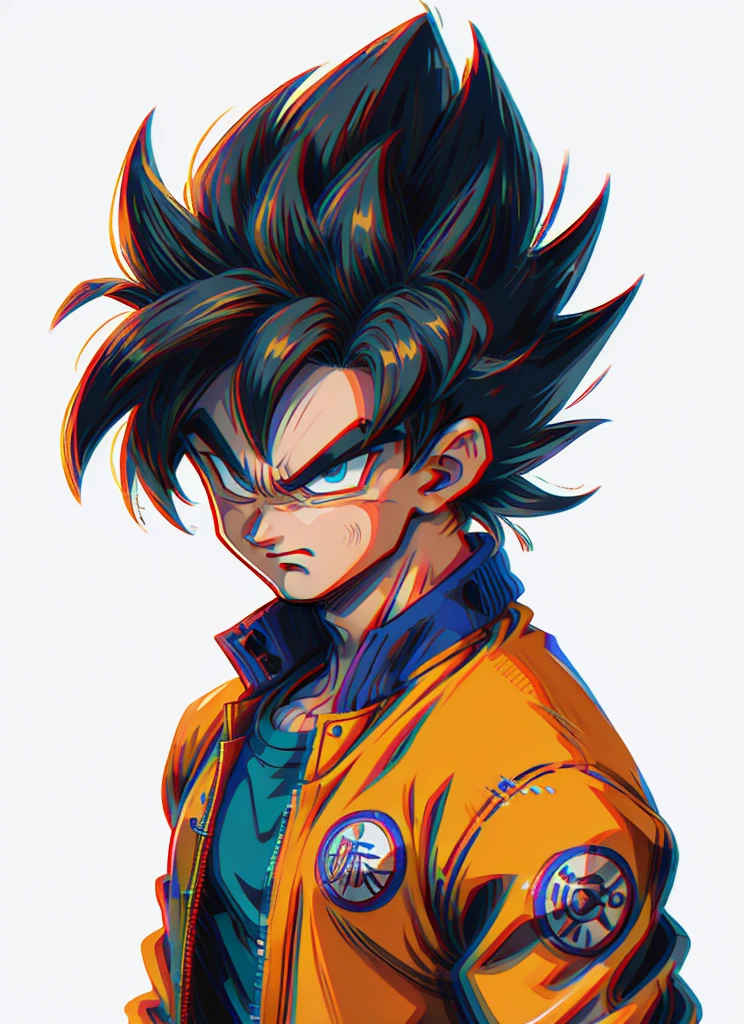 1man, solo, (masterpiece), best quality, ultra-detailed, Son Goku from Dragon Ball Z, super saiyan hair, Retro style, full body. fashion cloth, orange jean jacket,blue shirt, fancy, portrait, upper body, face detail, eyes detail: 1.3, simple background, green eyes, blue shirt, white background, yellow shiny hair, ultra instinct
