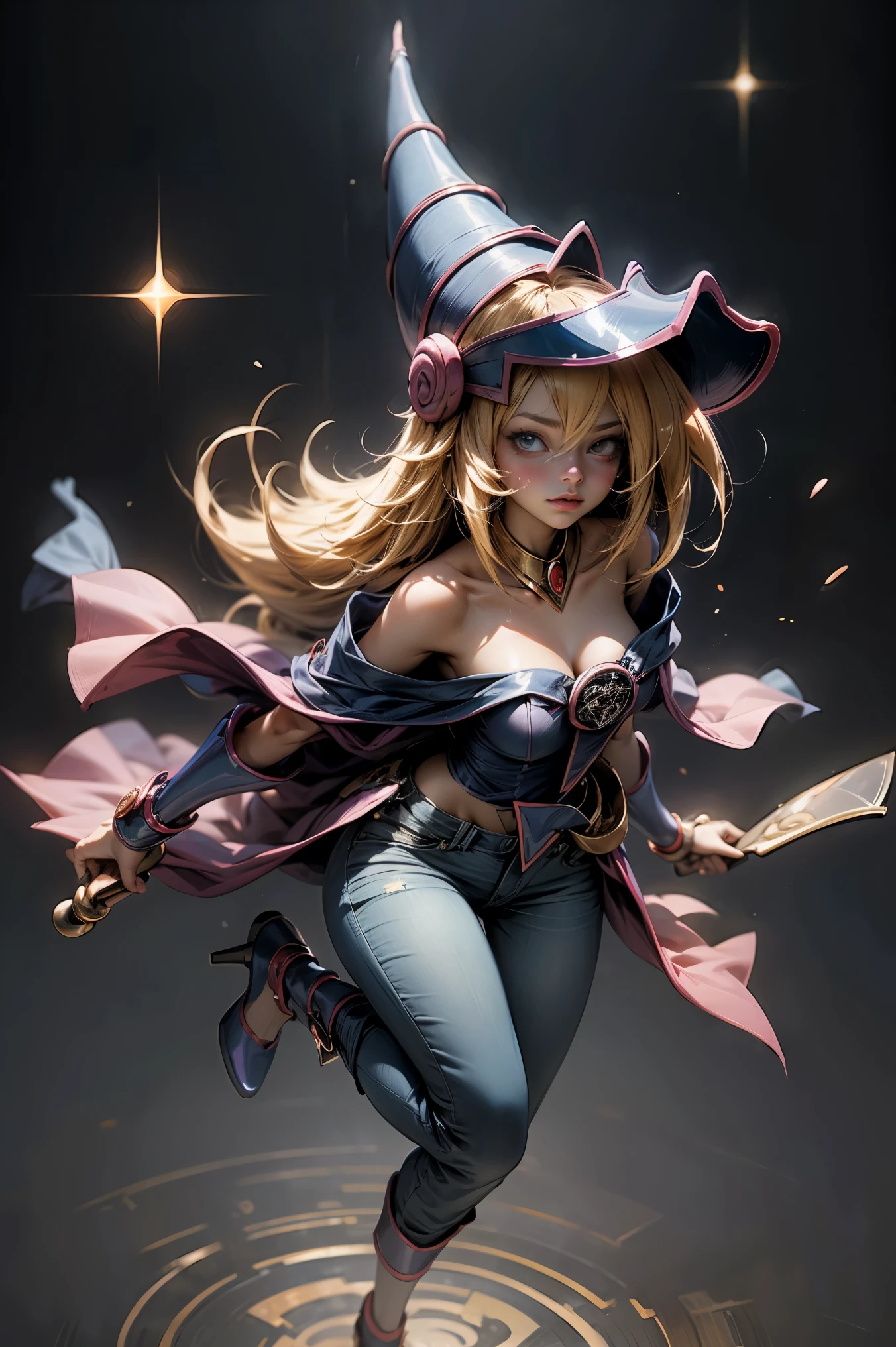 (Masterpiece:1.2), (The best quality:1.2), perfect lighting, Dark Magician Girl casting a spell, in battle. floating in the air, big and visible tits, wear jeans and heels. transparent neckline, blue robe, big hat, From above, sparkles, Yugioh game, The magic of the heart, romantic heart.
