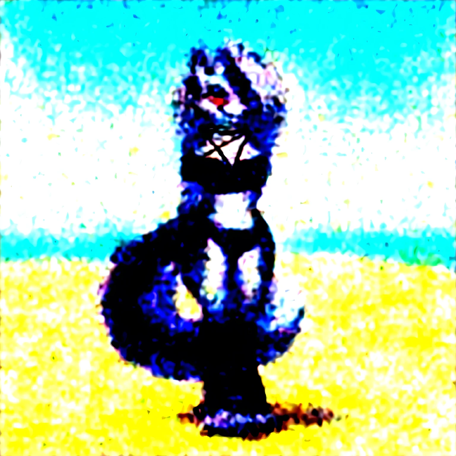 masterpiece, best quality, loona hellhound, loonacroptop, loonashorts, detailed face, detailed eyes, (slit pupils, white eyes), red sclera, happy, [smile, [spiked collar]], pentagram, fingerless gloves, black bikini, digitigrade, standing, beach, sunny 