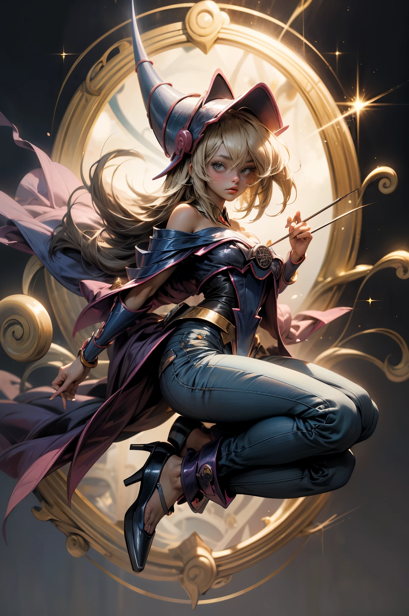 (Masterpiece:1.2), (The best quality:1.2), perfect lighting, Dark Magician Girl casting a spell, in battle. floating in the air, big and visible tits, wear jeans and heels. transparent neckline, blue robe, big hat, From above, sparkles, Yugioh game, The magic of the heart, romantic heart.