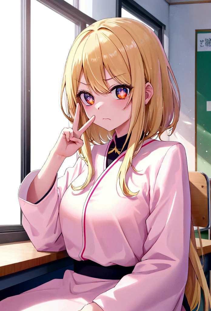 Contour: 柔らかく丸みを帯びたContour 目: Cute eyes 、Eye color:Black、expression: Angry mouth hairstyle: Short Hair Body: Upper body wrapped in a futon: Vibrant and warm colors16Year old , Big eyes, Large Breasts, Small and slim, 8K, Highest quality, (Highly detailed head: 1.0), (Highly detailed face: 1.0), (Very fine hair: 1.0), uniform, Highly detailed official artwork, Anime Moe Art Style, Beautiful and detailed anime art, , Blonde, sleek long hair、Pink nape、place:sitting at a desk in the classroom、posture:Turning around and giving a peace sign