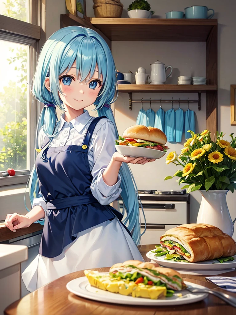 Light blue long hair、Beautiful girl with twin tails、Making a healthy omelette sandwich、Happy smile、Omelet with whole wheat bread sandwich,Add lettuce、Tomatoes and avocados,next、Sprinkle with a small amount of low-fat cheese,Bright, sunny kitchen、Margaret flowers are displayed on the windowsill.