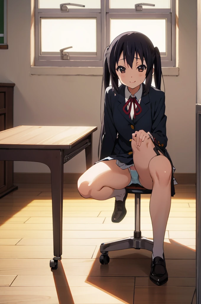  1girl, solo, azusa nakano, , classroom,blazer,, looking at viewer, smile,miniskirt,(((,panties))),squatting,indoor,open legs,spread legs,sweating