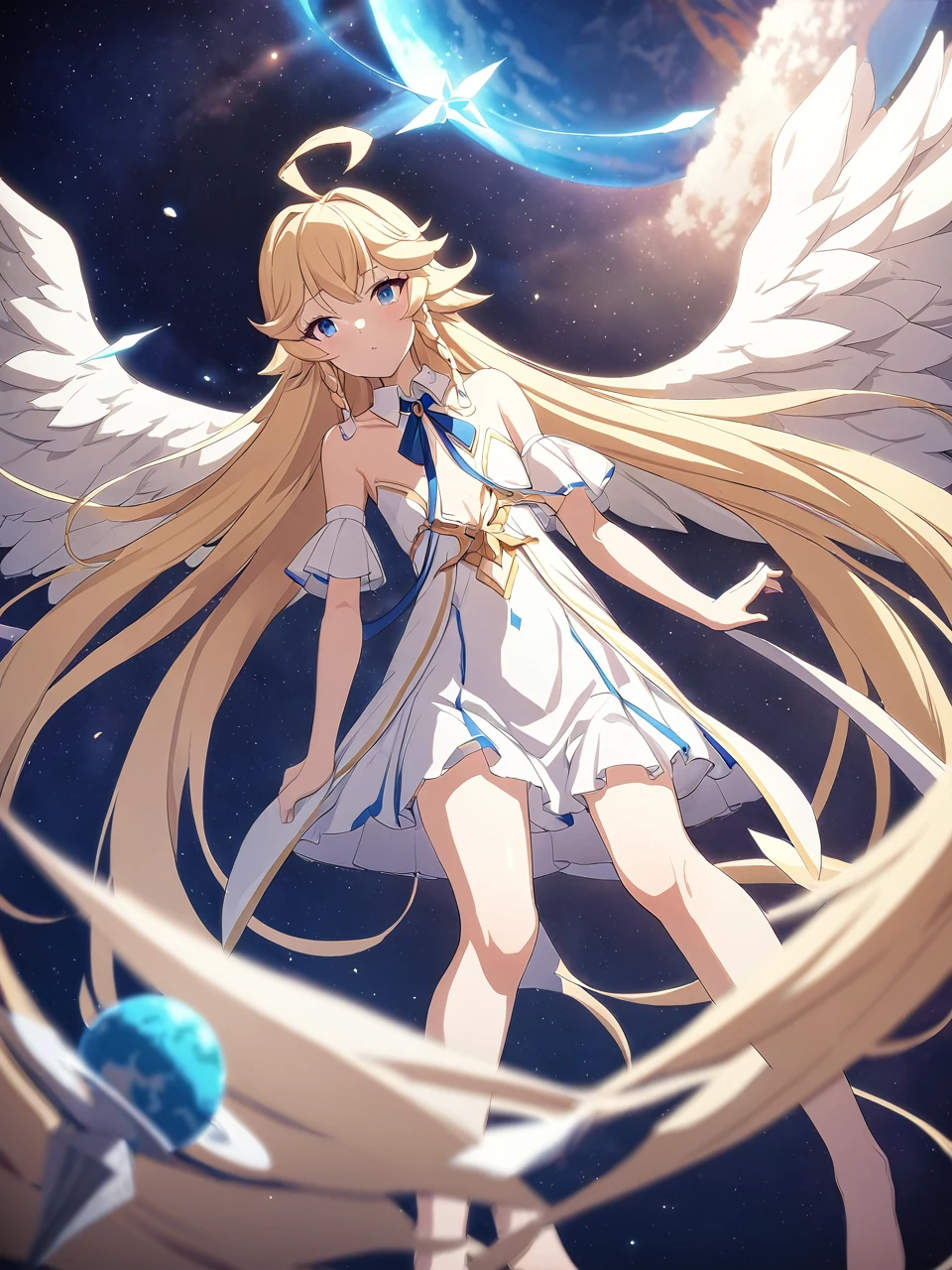 Zaora, blue eyes, (Variegated eyes:0.5), Blonde, Very long hair, Twin Blade, bangs, Ahoge, Hello, Angel, Flat Chest, White Dress, Belly button cutout, Detachable collar, Strapless, Neck ribbon, Bare shoulders, Angel wings, barefoot, One girl, Solo Break Space, planet, Depth of written boundary, Cinematic, masterpiece, Highest quality, Game CG
 
