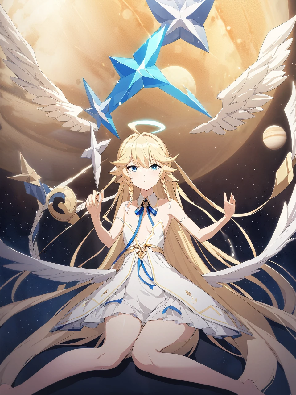 Zaora, blue eyes, (Variegated eyes:0.5), Blonde, Very long hair, Twin Blade, bangs, Ahoge, Hello, Angel, Flat Chest, White Dress, Belly button cutout, Detachable collar, Strapless, Neck ribbon, Bare shoulders, Angel wings, barefoot, One girl, Solo Break Space, planet, Depth of written boundary, Cinematic, masterpiece, Highest quality, Game CG