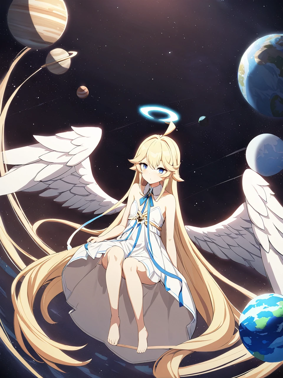 Zaora, blue eyes, (Variegated eyes:0.5), Blonde, Very long hair, Twin Blade, bangs, Ahoge, Hello, Angel, Flat Chest, White Dress, Belly button cutout, Detachable collar, Strapless, Neck ribbon, Bare shoulders, Angel wings, barefoot, One girl, Solo Break Space, planet, Depth of written boundary, Cinematic, masterpiece, Highest quality, Game CG