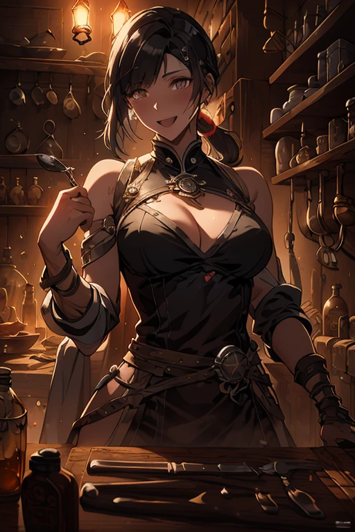 (fantasy:1.5),(anime,8k,masterpiece, top quality, best quality,beautiful and aesthetic:1.2,professional illustrasion:1.1,ultra detail:1.3,perfect lighting),extremely detailed,highest detailed,incredibly absurdres , highres, ultra detailed,intricate:1.6,(Alchemy Workshop:1.4),A girl mixing,Medicine in many small bottles,holding small potion,colorful:1.4,zentangle,(1girl),(girl),(Three kingdoms female warload),(highly detailed beautiful face and eyes,firm breasts),oily skin,((black,hair,short bob with short pony tail hair)),thin pubic hair,cute,lovely,34 years old,alchemist costume,Merchant's Clothing,smile,in the kitchen,smile,seductive weak smiling,(with sparkling eyes and a contagious smile),open mouth, Looking at Viewer,