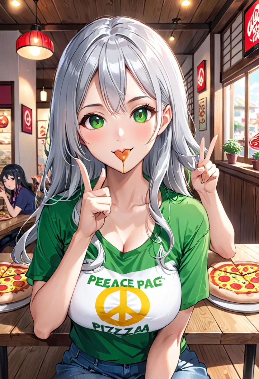 Pretty asian woman, bright silver hair, long hair, green eyes, japanese tshirt, perfect face, busty, sitting at a table, peace sign pose, about to eat a pizza, anime style