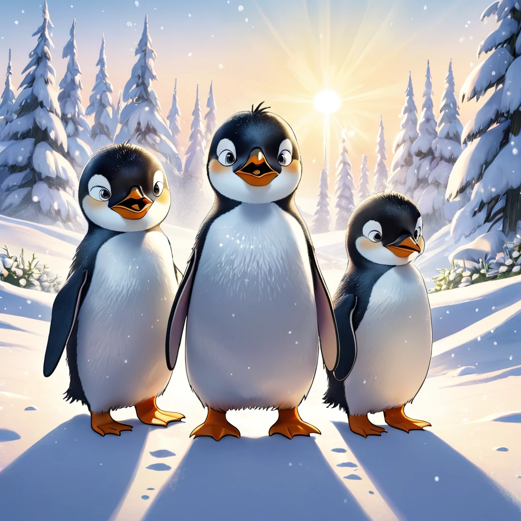 The three penguin children Fridolin, Fips and Frieda, number three, The snow glittered in the sunlight and the day promised lots of fun and adventure.