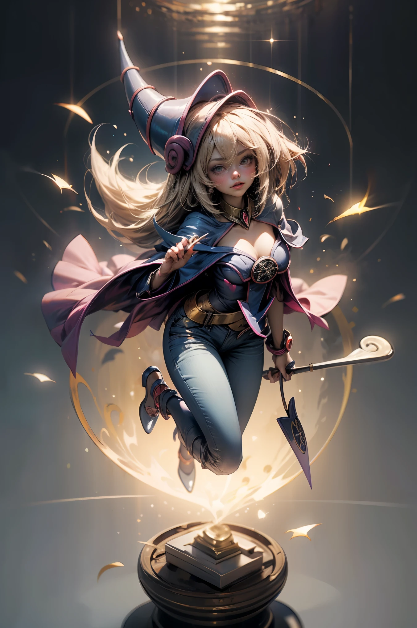 (Masterpiece:1.2), (The best quality:1.2), perfect lighting, Dark Magician Girl casting a spell, in battle. floating in the air, big and visible tits, wear jeans and heels. transparent neckline, blue robe, big hat, From above, sparkles, Yugioh game, The magic of the heart, romantic heart.