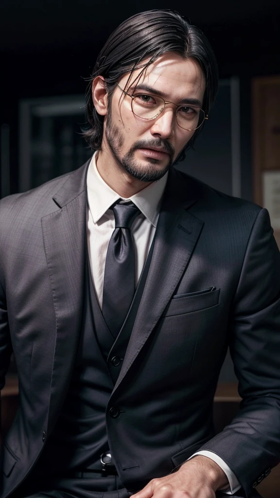 "Transform the image of a young man with dark skin, short hair and glasses in a version that looks like John Wick. He must be wearing an elegant navy blue slim fit suit, with a white shirt underneath and a black tie. Add black dress shoes to complement the look. Style your hair to look more social , similar to John Wick style. Add a short, well-groomed beard. Remove the glasses to create a look closer to John Wick. Posture should be confident and upright, with a serious and focused facial expression." ({The man must be dark-skinned black and have a slim navy blue suit.})