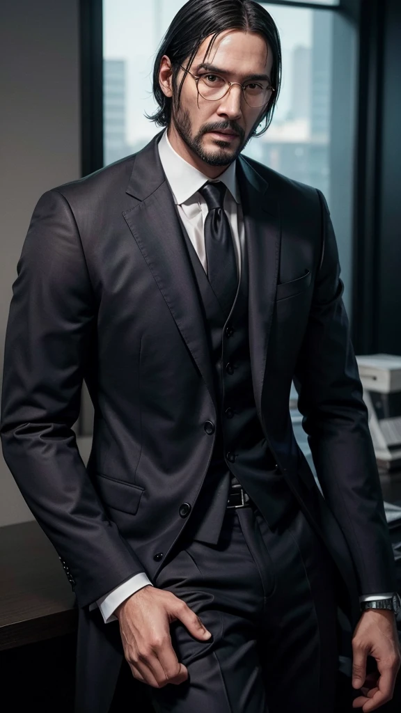 "Transform the image of a young man with dark skin, short hair and glasses in a version that looks like John Wick. He must be wearing an elegant navy blue slim fit suit, with a white shirt underneath and a black tie. Add black dress shoes to complement the look. Style your hair to look more social , similar to John Wick style. Add a short, well-groomed beard. Remove the glasses to create a look closer to John Wick. Posture should be confident and upright, with a serious and focused facial expression." ({The man must be dark-skinned black and have a slim navy blue suit.})