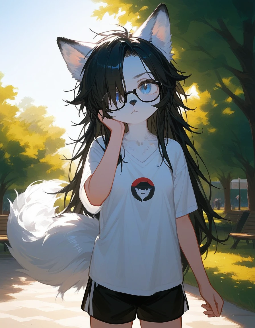 Solo, score_9,score_8_up,score_7_up, a young nerdy Anthro furry wolf woman, wolf snout, white furry body, tall, long black messy hair, black hair, hair in a pony tail, hair covering one eye, black glasses, blue eyes, white wolf ears, white wolf tail, small breasts, wearing oversized red t shirt, black boy shorts, standing, outdoors, at a park, one hand on her forehead, hands to her face, pouting, shielding her face from the sun, sunny day, looking up, squinting, looking up