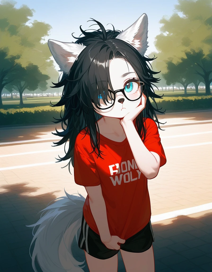 Solo, score_9,score_8_up,score_7_up, a young nerdy Anthro furry wolf woman, wolf snout, white furry body, tall, long black messy hair, black hair, hair in a pony tail, hair covering one eye, black glasses, blue eyes, white wolf ears, white wolf tail, small breasts, wearing oversized red t shirt, black boy shorts, standing, outdoors, at a park, one hand on her forehead, hands to her face, pouting, shielding her face from the sun, sunny day, looking up, squinting, looking up