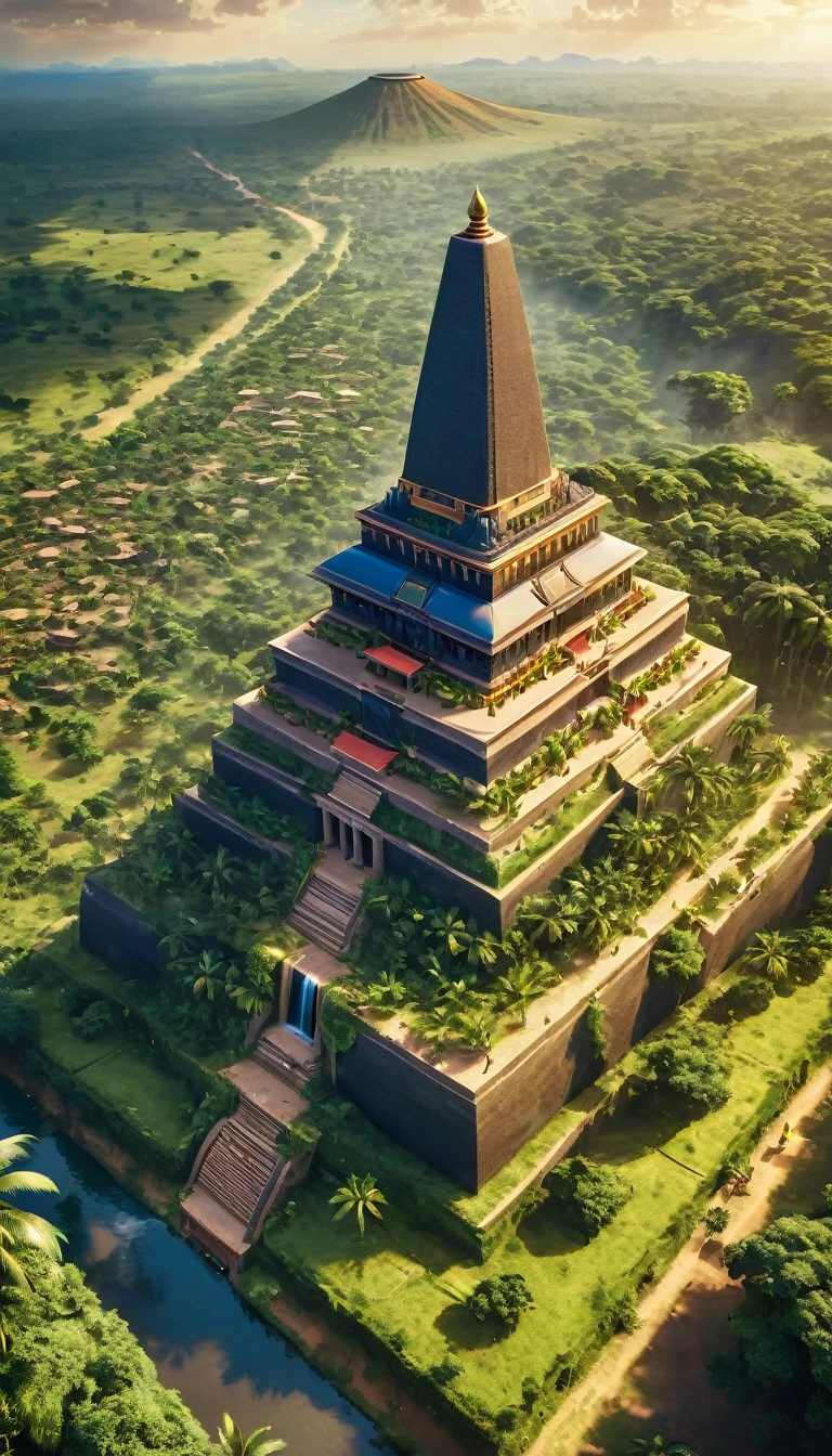 a very large african traditionnal empire, african sunchine, detailed, diverse people, colorful , towering monuments, lush greenery, aerial view, establishing shot, cinematic lighting, dramatic shadows, vibrant colors, photorealistic, 8k, HDR, hyper detailed, masterpiece, empire, sunbchine; good vibes