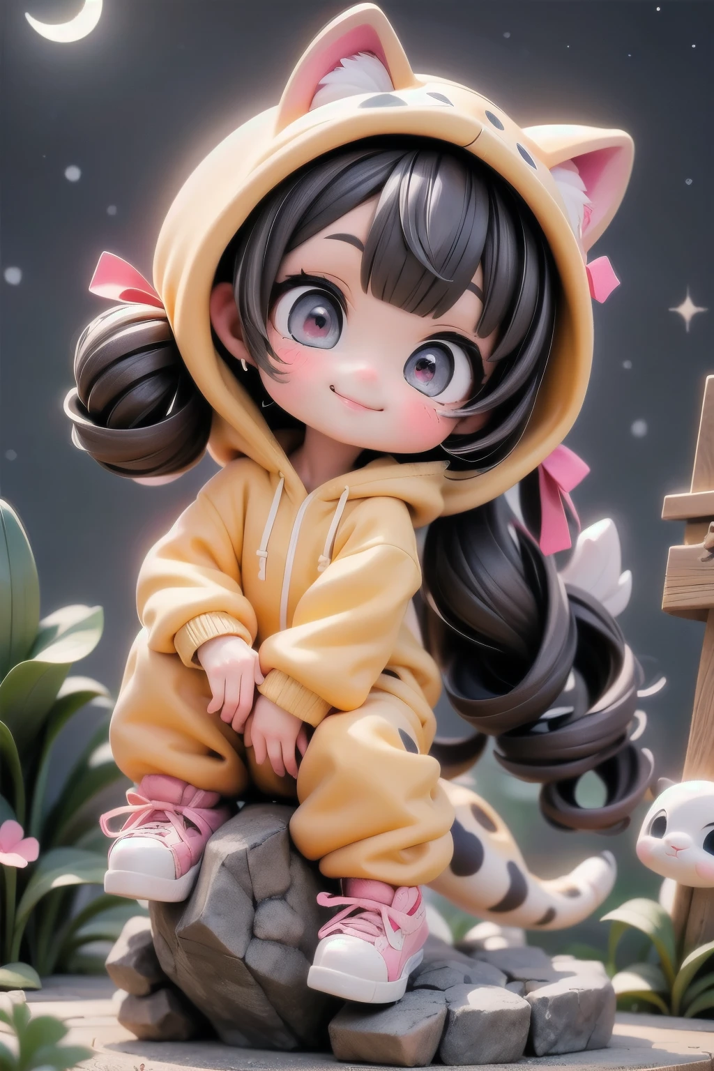 cute chibi girl smiling wearing a (cheetah kigurumi), action pose, dynamic angle, location garden at night, garden outdoors, starry sky, moon