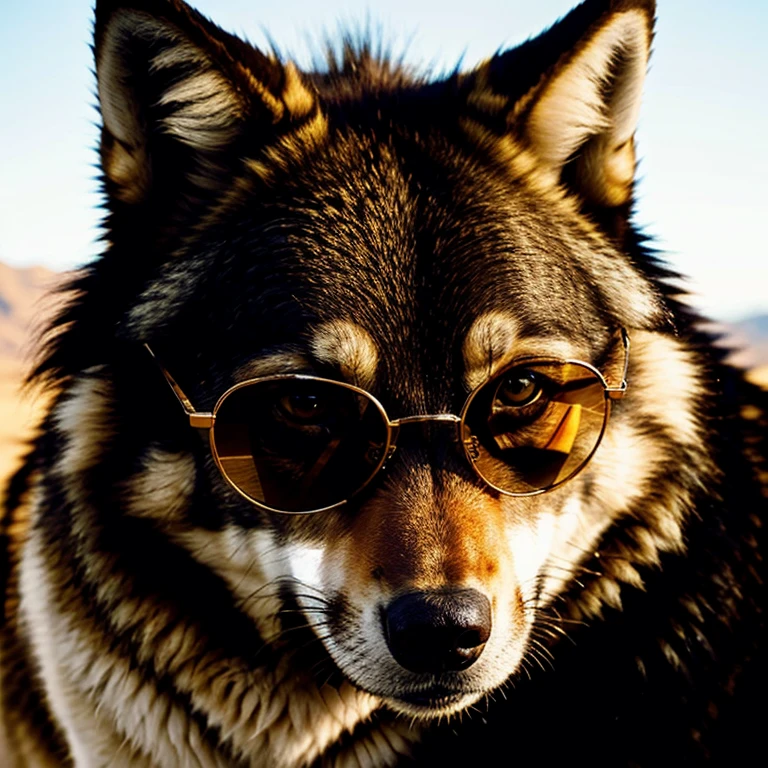 a wolf wearing sunglasses,detailed facial features,detailed fur texture,golden hour lighting,dramatic lighting,warm colors,cinematic composition,highly detailed,photorealistic,8k,best quality