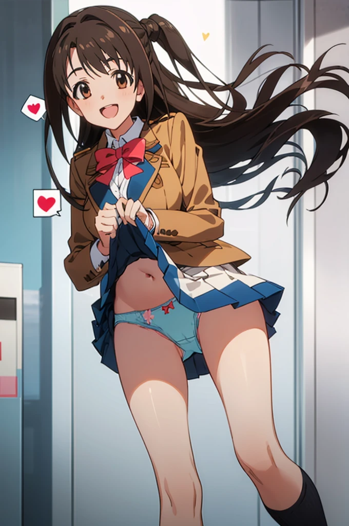 (((pixel-perfect, detail-perfect))), solo, 1girl, uzuki shimamura, , blazer, bow, looking at viewer, smile,miniskirt,spoken heart,open mouth,big breasts,socks,(((lift skirt,panties)))