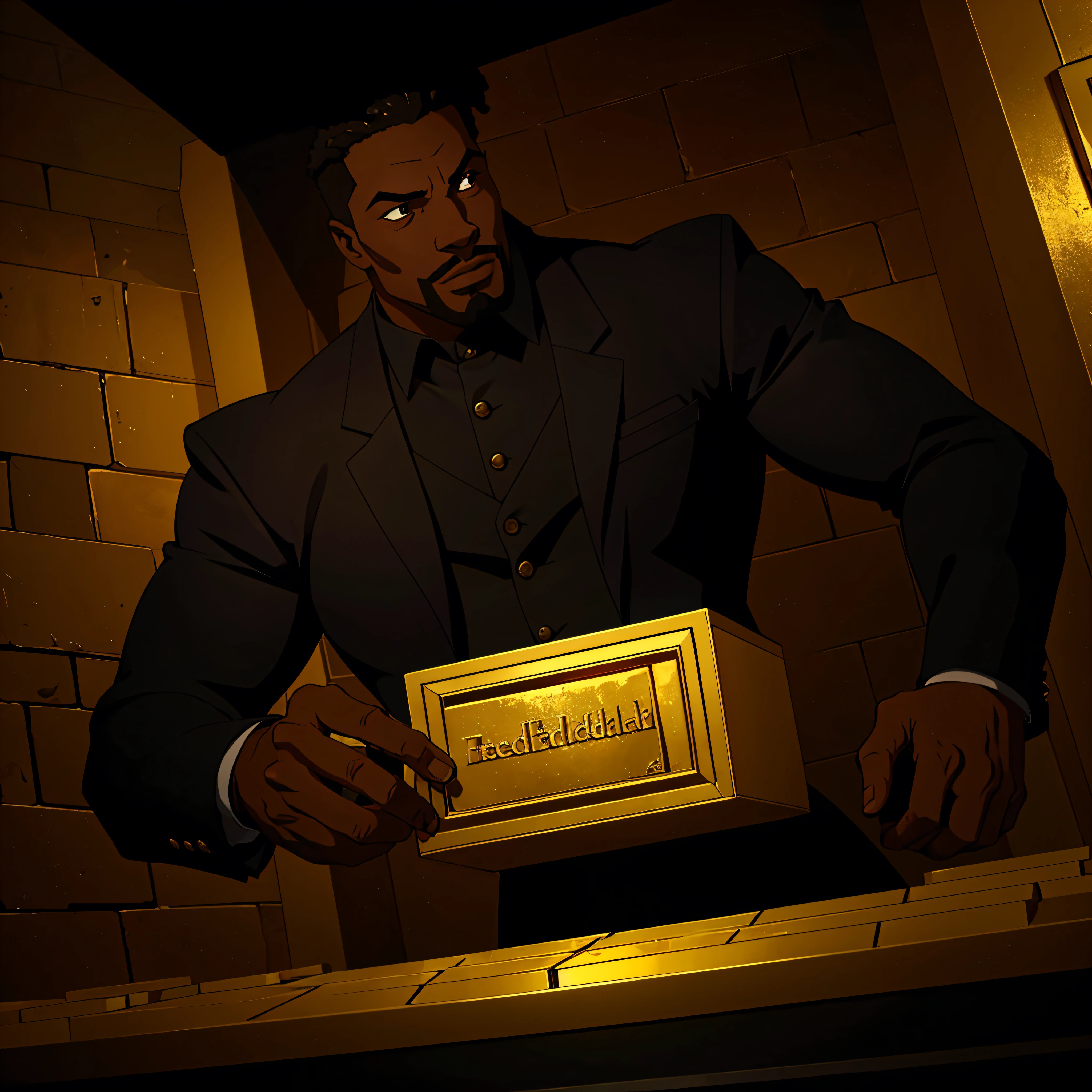 inside a federal bank vault, cash, gold bricks, black man counting cash, cinematic action, masterpiece, super detail, textured skin, atmospheric perspective,