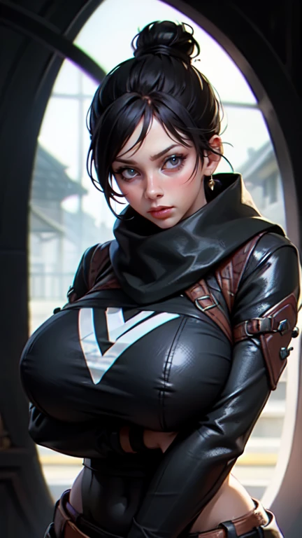 
wraith, black hair, single hair bun, looking at viewer,blue eyes,
scarf,nose piercing,black shirt,long sleeves,
standing, upper body, Huge legs, Huge Breasts, 
Void portal \(object\),
