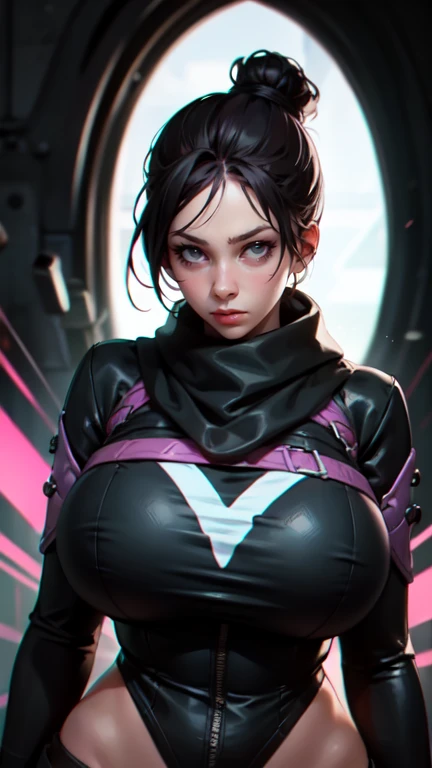 
wraith, black hair, single hair bun, looking at viewer,blue eyes,
scarf,nose piercing,black shirt,long sleeves,
standing, upper body, Huge legs, Huge Breasts, 
Void portal \(object\),
