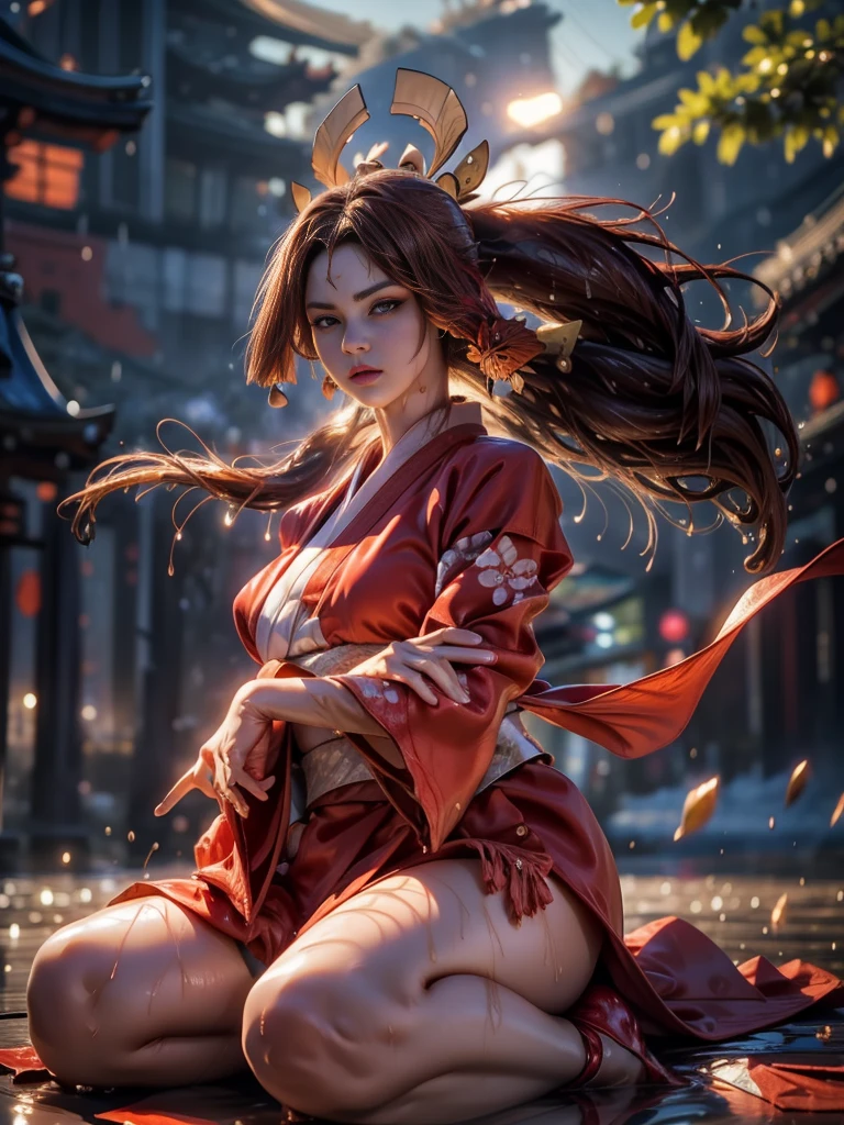 (exquisitely detailed CG unity 8k wallpaper, masterpiece-quality with stunning realism), (best illumination, best shadow), (best quality), (elegant style:1.2), Arti modern anime. angled view, heroic pose, midshot, (cel-shading style:1.3), centered image, ultra detailed closeup portrait of (Mai Shiranui:1) from (King of Fighters), best quality, expressive eyes, perfect face, highres, (ultra details), 1 girl, solo, (brown hair:1), hair ornament, eyeshadow, gold, white and red qipao, highly ornamented, in the city of Japan, portrait, looking at the viewer, piercing eyes, full body, (light from the angle:1) (wind blowing:1.2).(depth of field effects:1.3) (motion action:1.2) (closeup:1.2) (motion blur effects:1), spreading feet, Thin to transparent,see-through,(((Soggy-kimono:1.2))),Lace fabric, (((water-immersed body: 0.9))),jewelry, relaxing pose, (holding an oriental fan:1), (sitting:1) (hands down:1)
