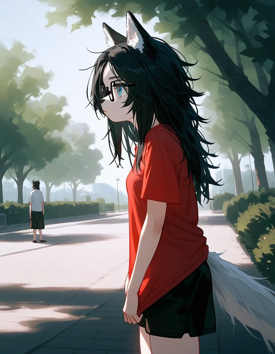 Solo, score_9,score_8_up,score_7_up, a young nerdy Anthro furry wolf woman, wolf snout, white furry body, tall, long black messy hair, black hair, hair in a pony tail, hair covering one eye, white wolf tail, black glasses, blue eyes, white wolf ears, white wolf tail, small breasts, wearing oversized red t shirt, black boy shorts, standing, outdoors, at a park, flinching, shielding her face from the sun, sunny day, looking up, squinting, looking up, side view, pouting, tired expression, hands to her forehead