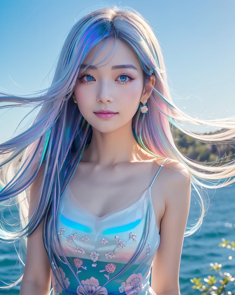 (Highest quality, 32k, High resolution, Masterpiece:1.5), marimo_jet, magnificent々A photograph with brilliant dazzling and healing power., Evoking a sense of calm and elusive beauty, Expressing emotions, Have a rich imagination,Beautiful Japanese Girls, An exceptionally beautiful face, Small Face Beauty, ((go ahead:1.2)), Perfect Human Anatomy, Magical big eyes, Motherhood and generosity, Deep Love, fleeting smile, ((Iridescent gradient hair:1.4)), ((Super Long Straight Silk Hair:1.3)), Asymmetrical bangs, Hair between the eyes, Transparent, soft white skin, Sharp eyebrows, Thin lashes, Natural Makeup, Cheek highlighter, Pale pink detailed lips, ((Light blue floral dress:1.3)), High resolutionの完璧な鎖骨, High resolutionの美しい胸元, Slim figure with ample breasts, High resolutionの美しい太もも, ((Detailed blue sky background:1.2)), Professional Lighting, Professional photographer, Professional models, mysterious