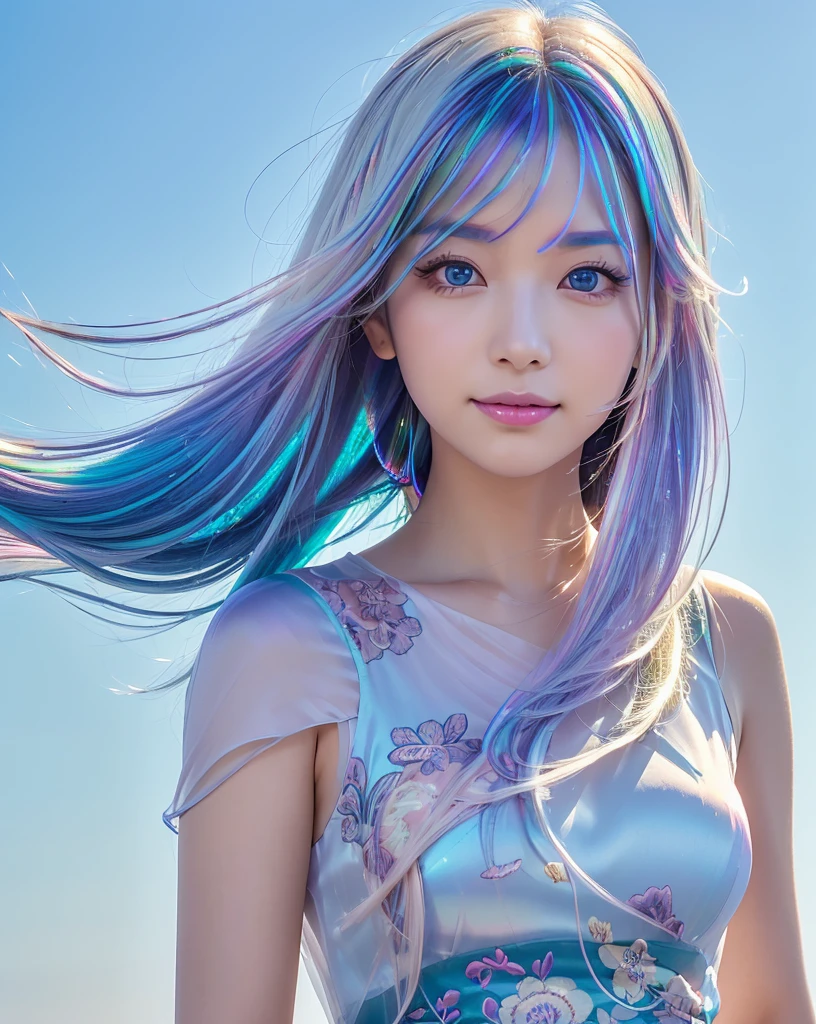 (Highest quality, 32k, High resolution, Masterpiece:1.5), marimo_jet, magnificent々A photograph with brilliant dazzling and healing power., Evoking a sense of calm and elusive beauty, Expressing emotions, Have a rich imagination,Beautiful Japanese Girls, An exceptionally beautiful face, Small Face Beauty, ((go ahead:1.2)), Perfect Human Anatomy, Magical big eyes, Motherhood and generosity, Deep Love, fleeting smile, ((Iridescent gradient hair:1.4)), ((Super Long Straight Silk Hair:1.3)), Asymmetrical bangs, Hair between the eyes, Transparent, soft white skin, Sharp eyebrows, Thin lashes, Natural Makeup, Cheek highlighter, Pale pink detailed lips, ((Light blue floral dress:1.3)), High resolutionの完璧な鎖骨, High resolutionの美しい胸元, Slim figure with ample breasts, High resolutionの美しい太もも, ((Detailed blue sky background:1.2)), Professional Lighting, Professional photographer, Professional models, mysterious