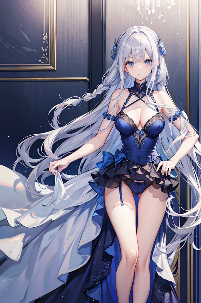 Silver hair and blue eyes、adult、Long, fluffy wavy hair、Braiding、Wearing lingerie、Classy and elegant
