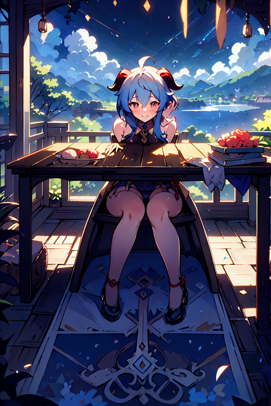 Very detailed,Pieces fly, Highest quality, Anime Images, Anime style etc.., Hired \(Genshin Impact\), Sit at the table, View from above, smile, 1 Girl, Twin Horn, Ticker,Fits your body type, I can see the pussy , blush, Colorful pastel fantasy,Sexy pose,Very detailedな背景,Nice views,Beautiful and beautiful scenery,((Very detailedな風景)),Incredibly high quality,Night Sky