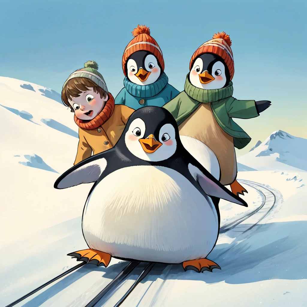 The three penguin children Fridolin, Fips and Frieda, slide down a big hill, number 3, on stomach