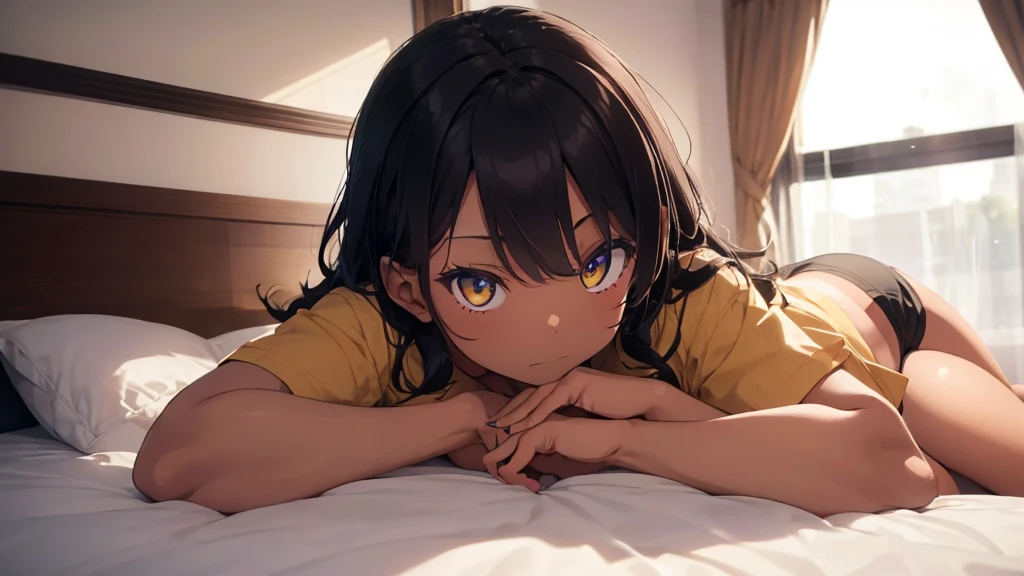 best god quality, Ultra-detailed, perfect Anatomy, (Draw a girl laying in a hotel bed), (lights are off), dark room, room is dark, 1girl, is a soft beautiful tan girl, wearing black pajama shorts, dark skin girl, tan line skin, (dark skin*2), (black + short wavy hair*1.2), Full limbs, complete fingers, groin, Beautiful gold eyes, yellow eyes, well-proportioned tan girl, smug eyes, dark pajama shirt, dark pajama bottoms, in a dark hotel room, High resolution, Best lighting by professional AI, hotel room, lights are off, looking at viewer, (((One girl in middle))), (((SOLO))), (they are laying down in bed) ((bed sheets over body))