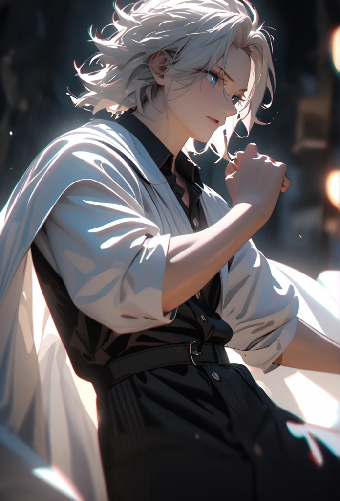 (solo), white hair, messy hair, mane hair, short hair, dense hair, wild hair, expressive hair, mature,(25 year old), pale skin, blue eyes, ((male)), wearing a black dress shirt, wearing a white cloak,, rolled up sleeves, handsome, attractive, eye reflection, depth of field, blue thunder aura, blue cinematic lighting, ray tracing, depth of field, cinematic lighting, ray tracing, UHD, high details, best quality, highres, high quality, award winning, super detail, masterpiece, 8k, UHD, high details, best quality, highres, high quality, award winning, super detail, masterpiece, 8k, digital art, anime coloring, full body shot, body shot, In a fighting position, Hand to hand combat, good face, perfect face, detailed face, good eyes, looking towards the screen. Side profile.