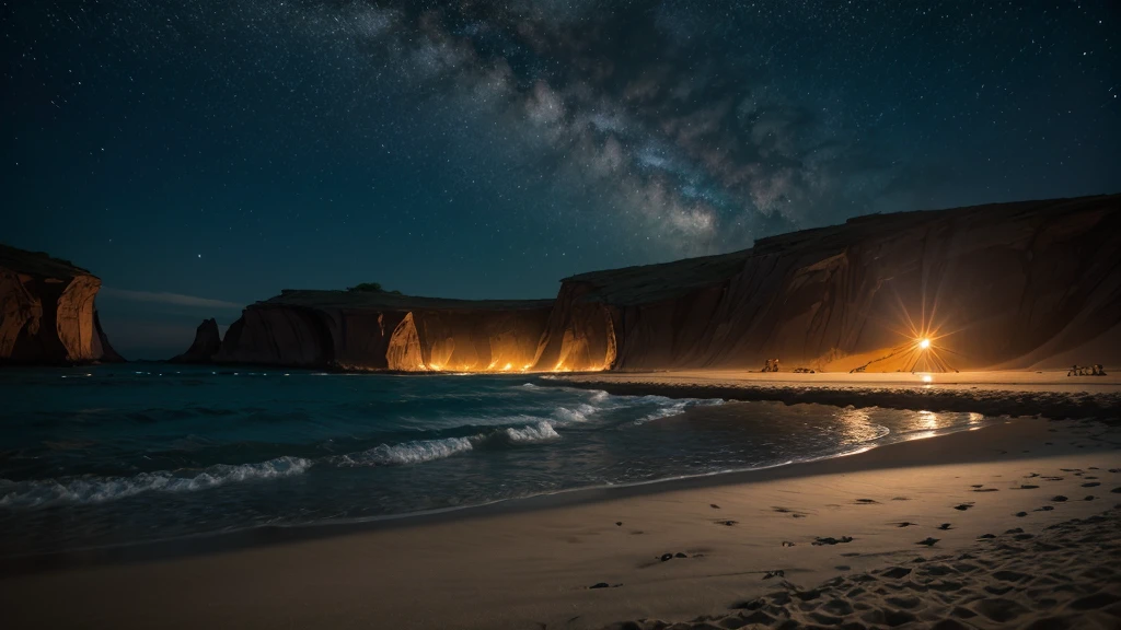 Alien beach at dusk, high resolution, extremely realistic - A beach on an alien planet with strangely colored sand and bioluminescent waters that glow as night falls. The dark alien sky is filled with exotic constellations and distant planets.