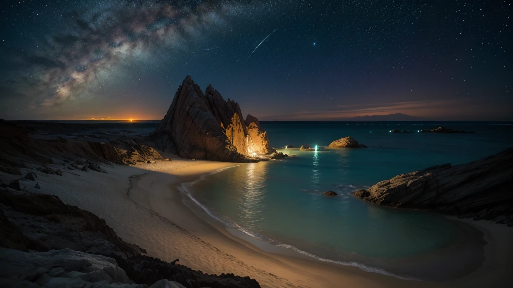 Alien beach at dusk, high resolution, extremely realistic - A beach on an alien planet with strangely colored sand and bioluminescent waters that glow as night falls. The dark alien sky is filled with exotic constellations and distant planets.