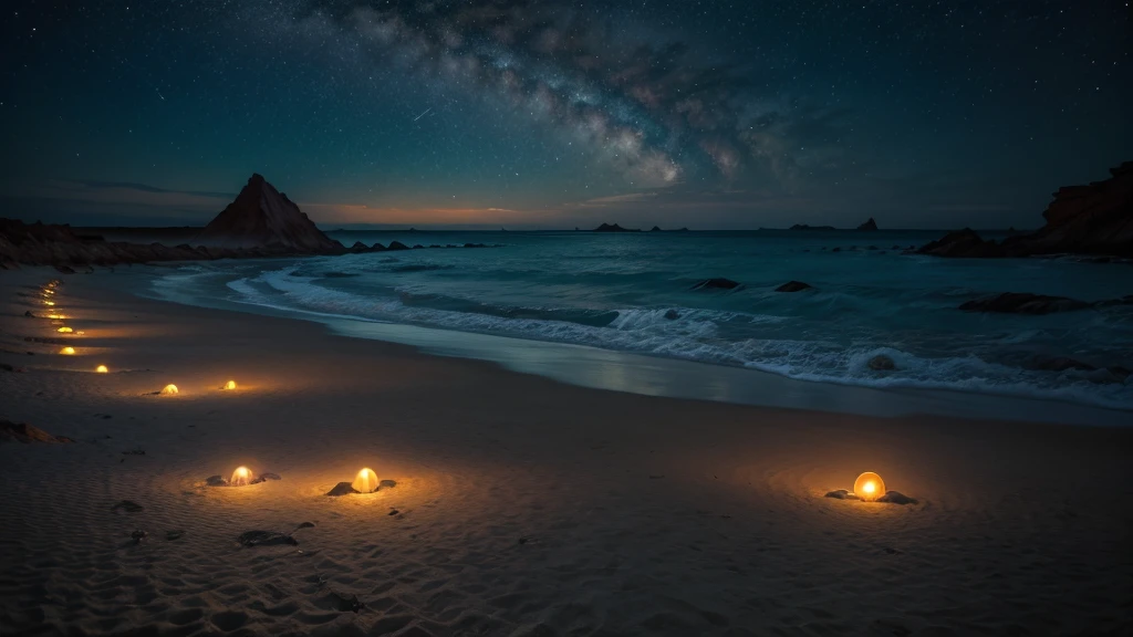 Alien beach at dusk, high resolution, extremely realistic - A beach on an alien planet with strangely colored sand and bioluminescent waters that glow as night falls. The dark alien sky is filled with exotic constellations and distant planets.