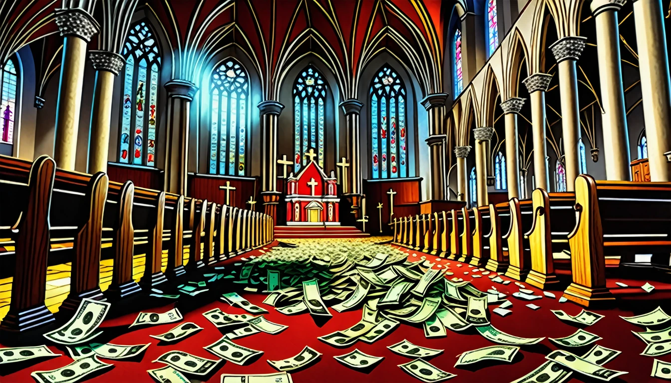 a beautiful art illustration, a church interior, money scattered everywhere, banknotes spread out on the floor, detailed, intricate, ornate, dramatic lighting, cinematic, photorealistic, HDR, 8k, hyper-detailed, masterpiece