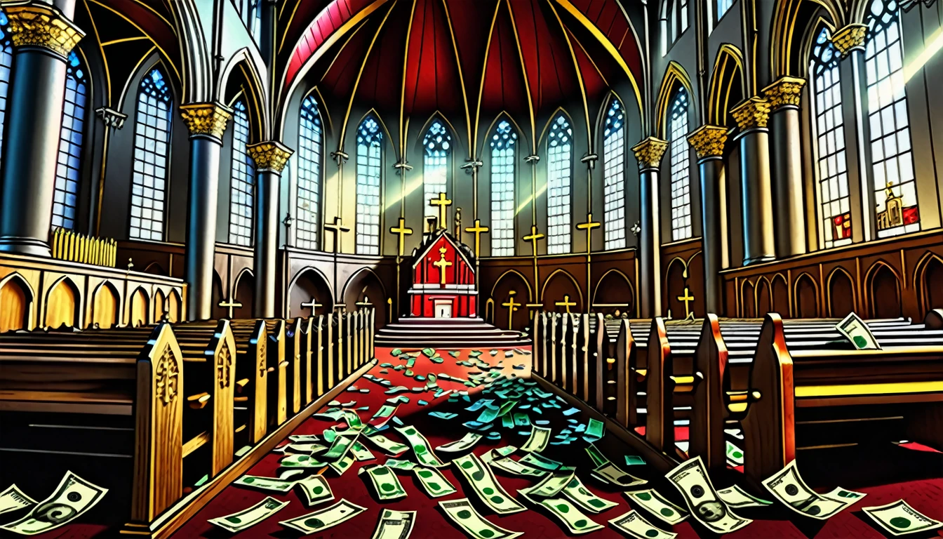 a beautiful art illustration, a church interior, money scattered everywhere, banknotes spread out on the floor, detailed, intricate, ornate, dramatic lighting, cinematic, photorealistic, HDR, 8k, hyper-detailed, masterpiece