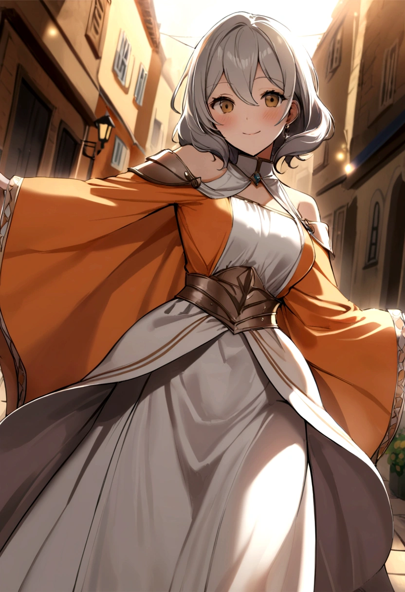 a woman posing on the rue corner with orange dress on, meilleure qualité, 1fille, moyen seins, jour, Brillant, bokeh, Extérieur, (robe à épaules dénudées:1.2), Magnifique, cheveux brun , beau ciel détaillé, (pose dynamique:1.2), Éclairage doux, vent, peau brillante, (Haut du corps:0.8), , grain de beauté sous la bouche