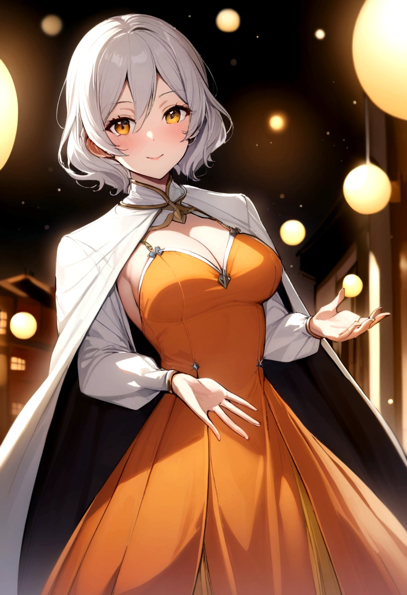 a woman posing on the rue corner with orange dress on, meilleure qualité, 1fille, moyen seins, jour, Brillant, bokeh, Extérieur, (robe à épaules dénudées:1.2), Magnifique, cheveux brun , beau ciel détaillé, (pose dynamique:1.2), Éclairage doux, vent, peau brillante, (Haut du corps:0.8), , grain de beauté sous la bouche