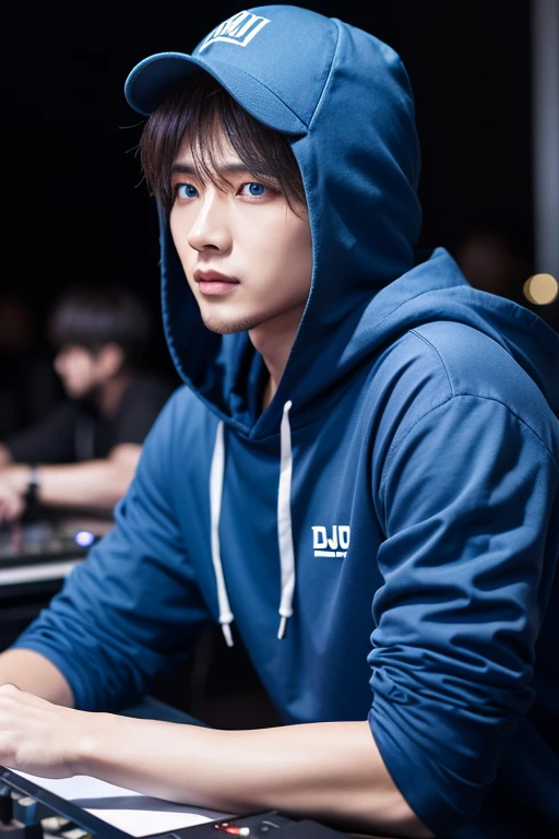 Man seen from the front, high quality, Realistic, ultra Realistic, Wearing a long-sleeved blue shirt with black details, Hooded, Bright Blue Eyes, Effective, DJ