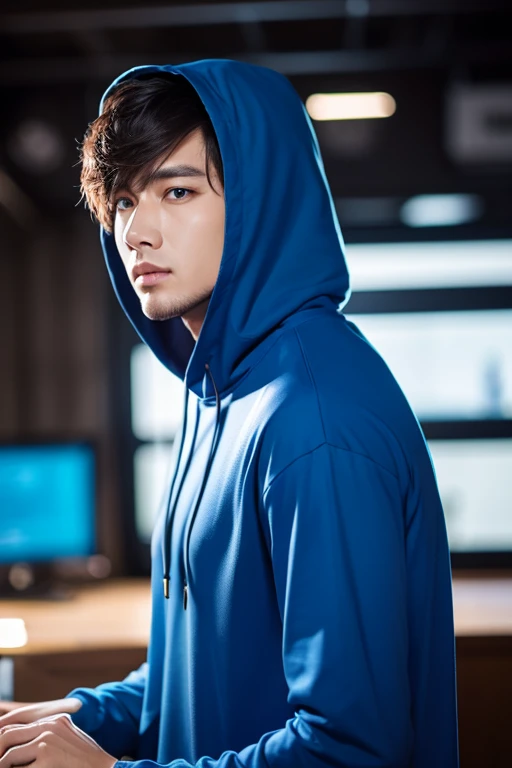 Man seen from the front, high quality, Realistic, ultra Realistic, Wearing a long-sleeved blue shirt with black details, Hooded, Bright Blue Eyes, Effective, DJ  
