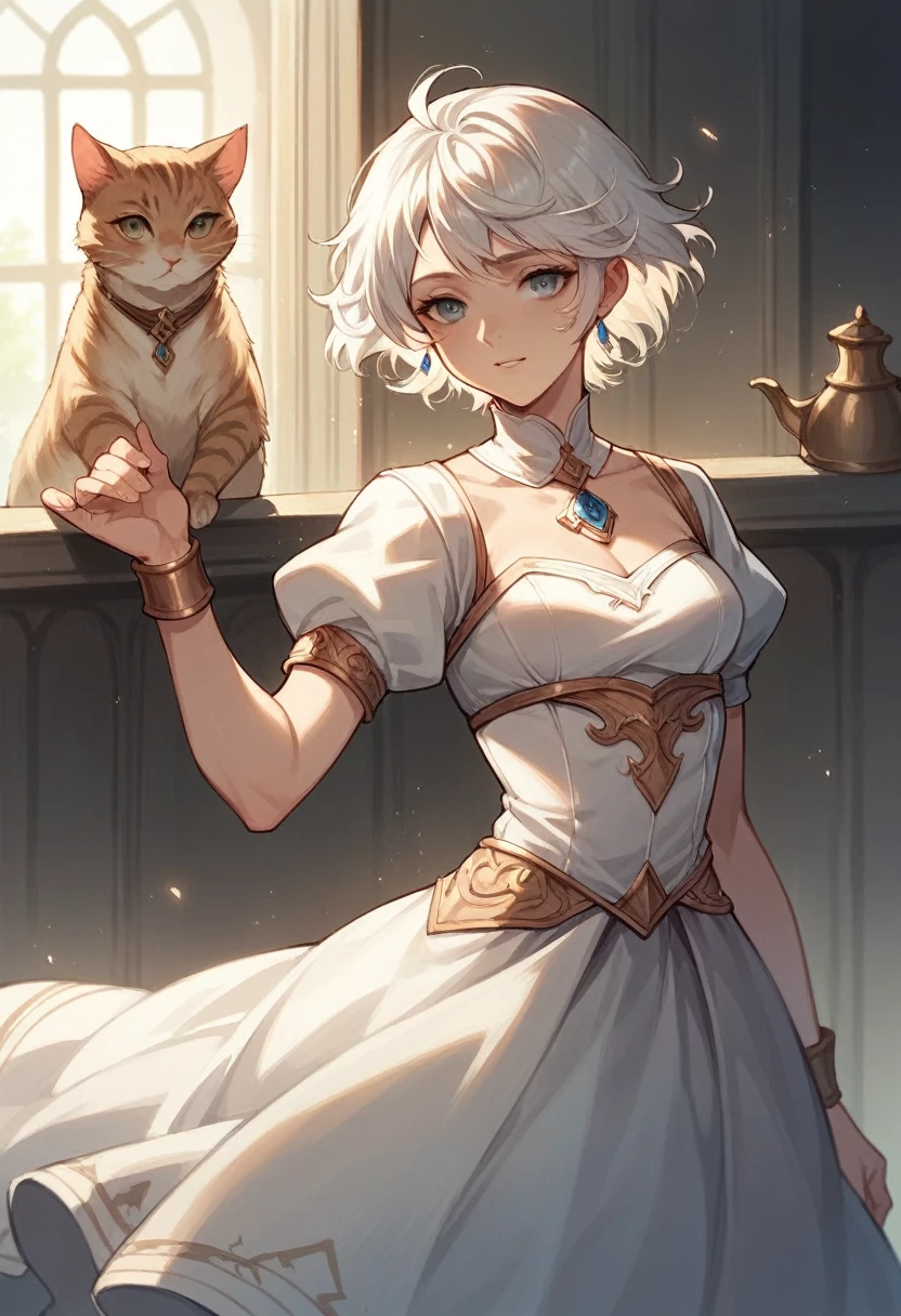 Cat and girl,White dress, princes fantasy, short white hair