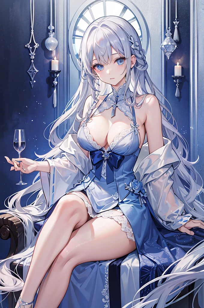 Silver hair and blue eyes、adult、Long, fluffy wavy hair、Braiding、Wearing lingerie、Classy and elegant