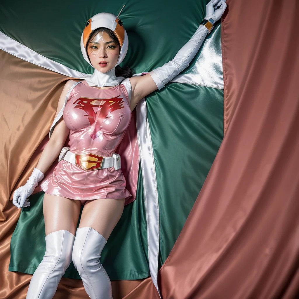 ANI_CLASSIC_jun_gatchaman_ownwaifu,1girl, ,good anatomy, masterpiece, best quality,realistic, hyperrealistic, 16k hdr, long hair,breasts,green eyes,lips,large breasts,lipstick,makeup,gloves,cape,helmet,belt,elbow gloves,white gloves,mask,ultra miniskirt,leotard,spacesuit,white tight overknee highheels boots,pink dress,superhero,bodysuit,cleavage,erected nipples,(lying flat poses, view from above),cameltoe