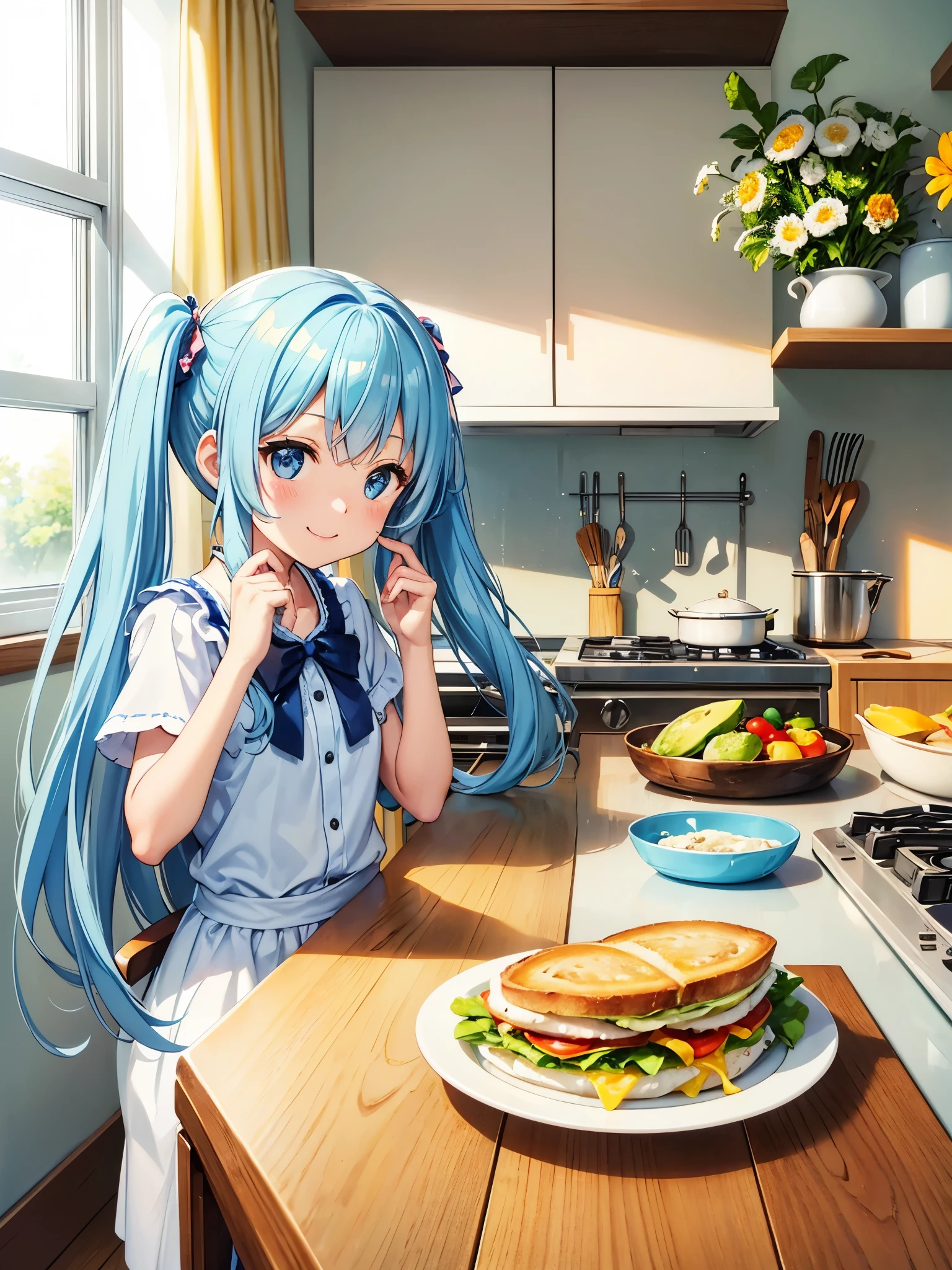 Light blue long hair、Beautiful girl with twin tails、Making a healthy omelette sandwich、Happy smile、Omelet with whole wheat bread sandwich，Add lettuce、Tomatoes and avocados，next、Sprinkle with a small amount of low-fat cheese,Bright, sunny kitchen、Margaret flowers are displayed on the windowsill.