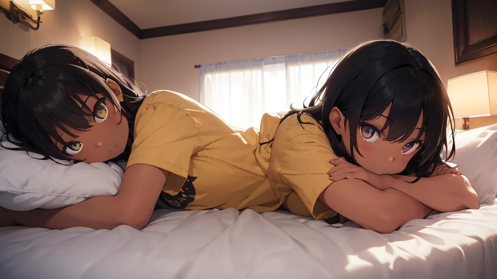 best god quality, Ultra-detailed, perfect Anatomy, (Draw a girl laying in a hotel bed), (lights are off), dark room, room is dark, 1girl, is a soft beautiful tan girl, wearing black pajama shorts, dark skin girl, tan line skin, (dark skin*2), (black + short wavy hair*1.2), Full limbs, complete fingers, groin, Beautiful gold eyes, yellow eyes, well-proportioned tan girl, smug eyes, dark pajama shirt, dark pajama bottoms, in a dark hotel room, High resolution, Best lighting by professional AI, hotel room, lights are off, looking at viewer, (((One girl in middle))), (((SOLO))), (they are laying down in bed) ((bed sheets over body))