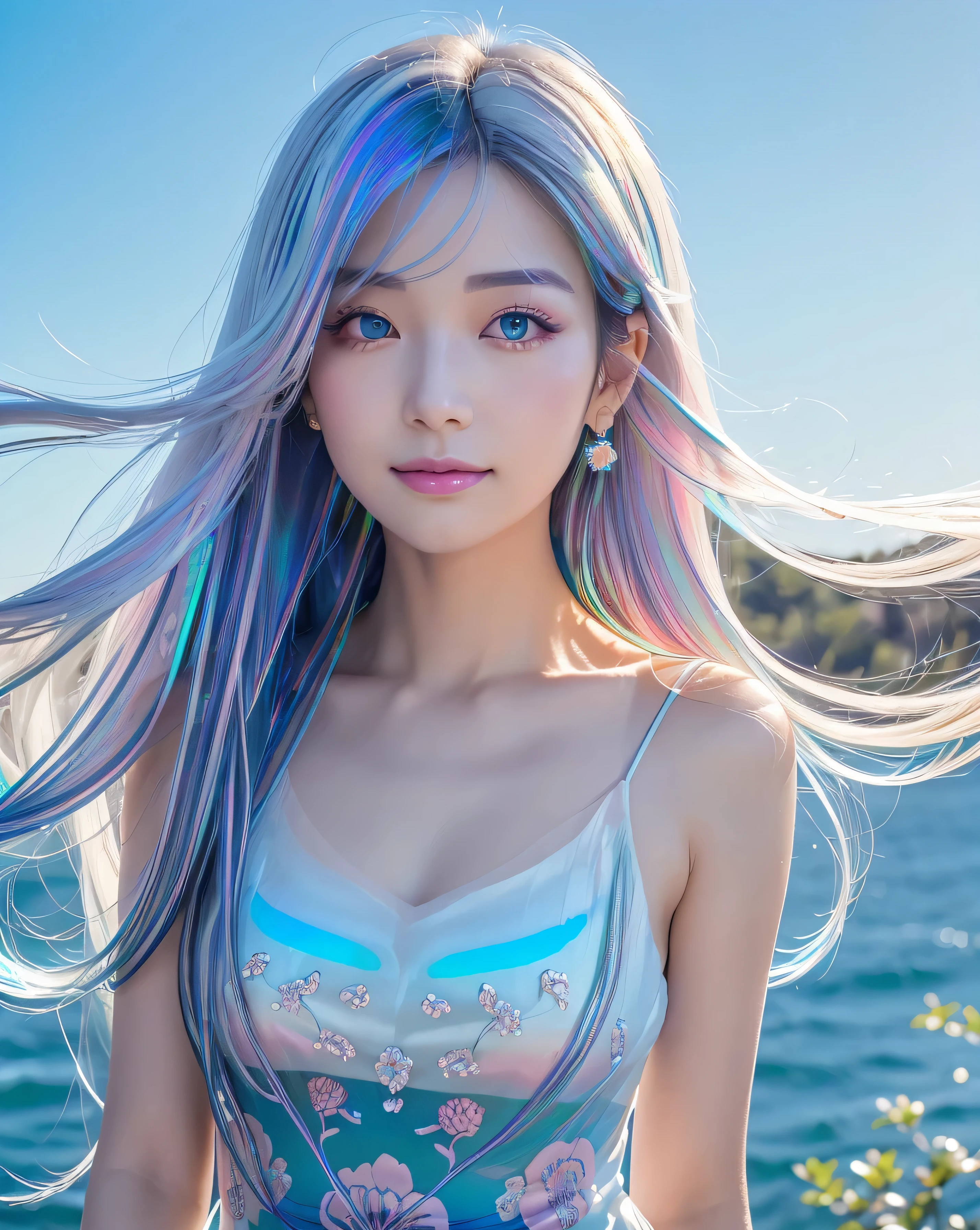 (Highest quality, 32k, High resolution, Masterpiece:1.5), marimo_jet, magnificent々A photograph with brilliant dazzling and healing power., Evoking a sense of calm and elusive beauty, Expressing emotions, Have a rich imagination,Beautiful Japanese Girls, An exceptionally beautiful face, Small Face Beauty, ((go ahead:1.2)), Perfect Human Anatomy, Magical big eyes, Motherhood and generosity, Deep Love, fleeting smile, ((Iridescent gradient hair:1.4)), ((Super Long Straight Silk Hair:1.3)), Asymmetrical bangs, Hair between the eyes, Transparent, soft white skin, Sharp eyebrows, Thin lashes, Natural Makeup, Cheek highlighter, Pale pink detailed lips, ((Light blue floral dress:1.3)), High resolution perfect collarbone, High resolution beautiful bust, Slim figure with ample breasts, High resolutionの美しい太もも, ((Detailed blue sky background:1.2)), Professional Lighting, Professional photographer, Professional models, mysterious