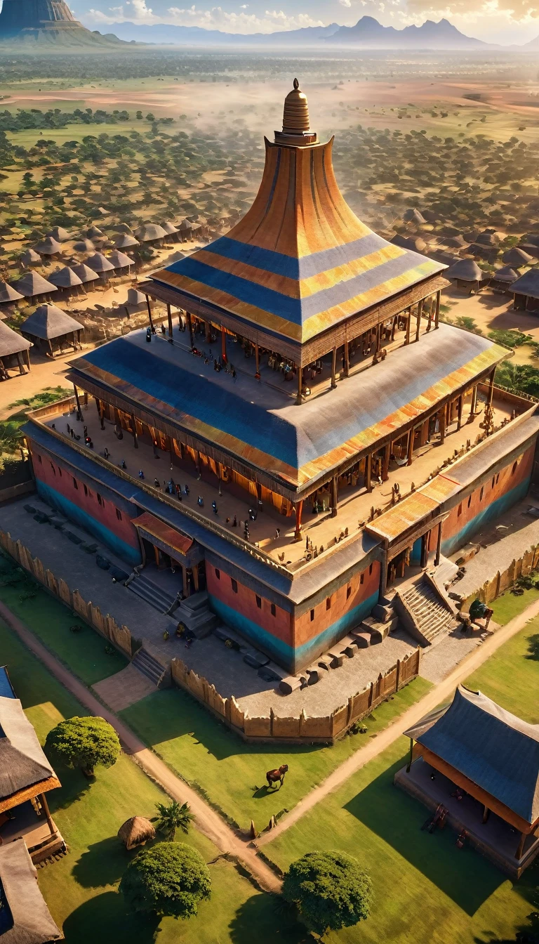 a very large african traditionnal empire, many houses, big civilisation, african sunchine, detailed, diverse people, colorful , towering monuments, aerial view, establishing shot, cinematic lighting, dramatic shadows, vibrant colors, photorealistic, 8k, HDR, hyper detailed, masterpiece, empire, sunbchine; good vibes